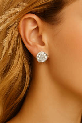 Parlak Taşlı Yuvarlak Küpe Gümüş - Thumbnail