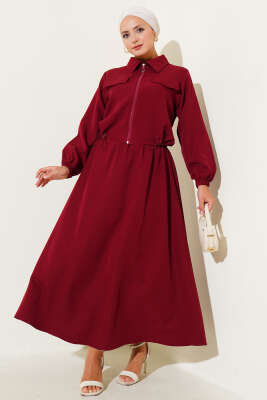Pazarium - Fermuarlı Cep Kapaklı Etekli Dabıl İkili Takım Bordo