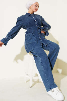 Pazarium - Bilek Taşlı Metal Düğmeli Kot İkili Takım Koyu Mavi