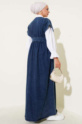 Metal Düğmeli Kolsuz Kot Elbise Koyu Mavi - Thumbnail