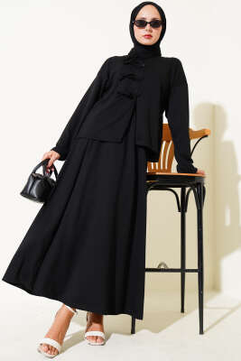 Pazarium - Loyşa Brit Düğmeli Etekli İkili Takım Siyah