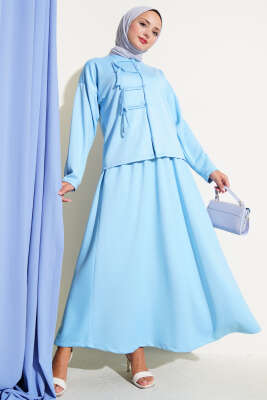 Pazarium - Loyşa Brit Düğmeli Etekli İkili Takım Mavi