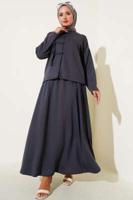 Pazarium - Loyşa Brit Düğmeli Etekli İkili Takım Füme