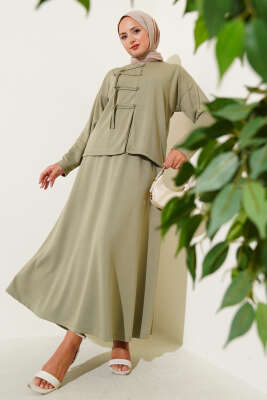 Pazarium - Loyşa Brit Düğmeli Etekli İkili Takım Çağla Yeşili