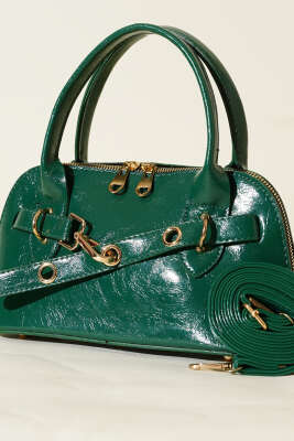 Kanca Detaylı Fermuarlı Rugan Çanta Zümrüt - Thumbnail