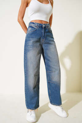 Diz Pensli Kot Pantolon Mavi - Thumbnail