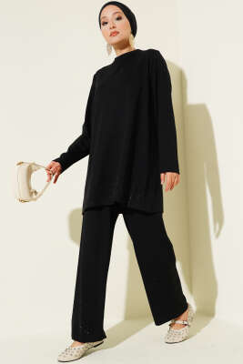 Pazarium - Loyşa Mini Taş Süslemeli İkili Takım Siyah