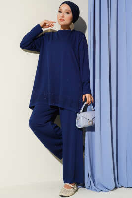 Pazarium - Loyşa Mini Taş Süslemeli İkili Takım Lacivert