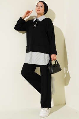 Pazarium - Loyşa Yarım Çıtçıtlı Çizgi Garnili İkili Takım Siyah