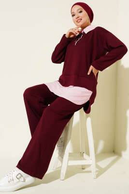 Pazarium - Loyşa Yarım Çıtçıtlı Çizgi Garnili İkili Takım Bordo