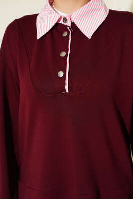 Loyşa Yarım Çıtçıtlı Çizgi Garnili İkili Takım Bordo - Thumbnail