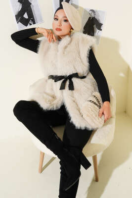 Pazarium - Lolita Peluş Kuşaklı Yelek Taş