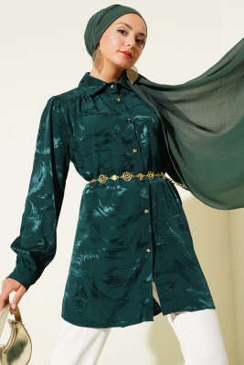 Pazarium - Jakar Fırça Desenli Gömlek Zümrüt