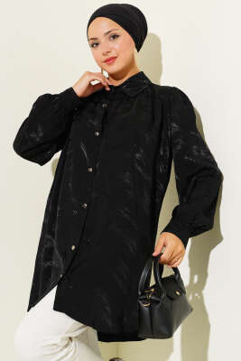 Pazarium - Jakar Fırça Desenli Gömlek Siyah