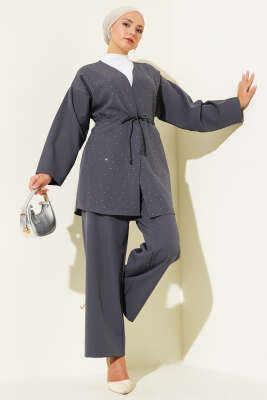 Pazarium - Bel Tünelli Taşlı Kimono İkili Takım Füme