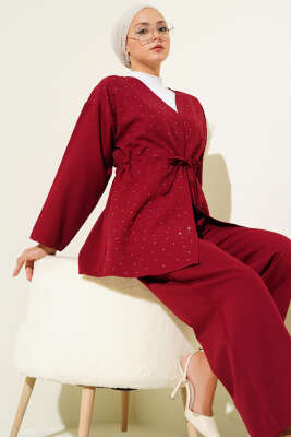 Pazarium - Bel Tünelli Taşlı Kimono İkili Takım Bordo
