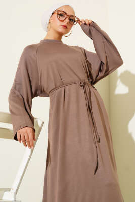 Loyşa Kol Armalı İp Kuşaklı Elbise Vizon - Thumbnail