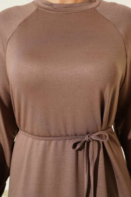 Loyşa Kol Armalı İp Kuşaklı Elbise Vizon - Thumbnail