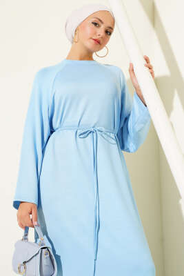 Loyşa Kol Armalı İp Kuşaklı Elbise Mavi - Thumbnail