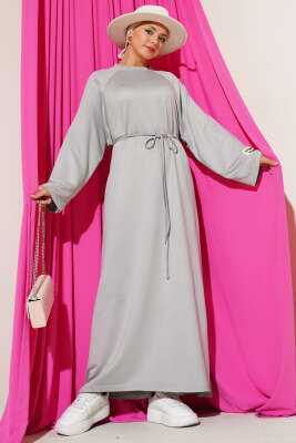 Loyşa Kol Armalı İp Kuşaklı Elbise Gri - Thumbnail