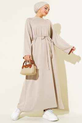 Loyşa Kol Armalı İp Kuşaklı Elbise Bej - Thumbnail