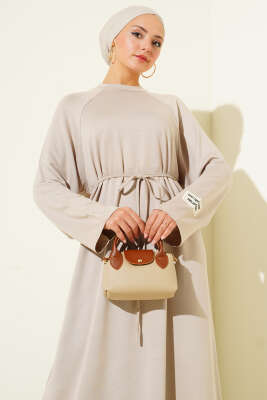 Loyşa Kol Armalı İp Kuşaklı Elbise Bej - Thumbnail