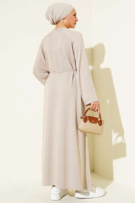 Loyşa Kol Armalı İp Kuşaklı Elbise Bej - Thumbnail