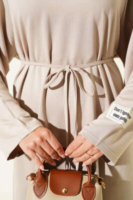 Loyşa Kol Armalı İp Kuşaklı Elbise Bej - Thumbnail