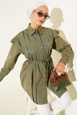Pazarium - Omuz Fırfırlı Şeritli Kuşaklı Gömlek Haki