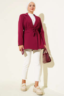 İp Kuşaklı Kruvaze Yaka Ceket Vişne - Thumbnail