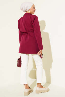 İp Kuşaklı Kruvaze Yaka Ceket Vişne - Thumbnail