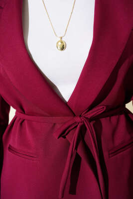 İp Kuşaklı Kruvaze Yaka Ceket Vişne - Thumbnail