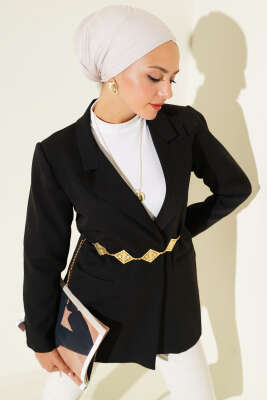 İp Kuşaklı Kruvaze Yaka Ceket Siyah - Thumbnail