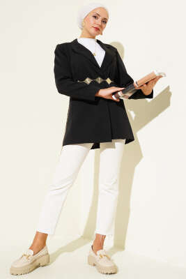 İp Kuşaklı Kruvaze Yaka Ceket Siyah - Thumbnail