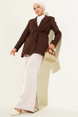 İp Kuşaklı Kruvaze Yaka Ceket Kahve - Thumbnail