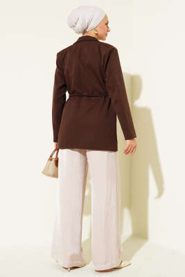 İp Kuşaklı Kruvaze Yaka Ceket Kahve - Thumbnail