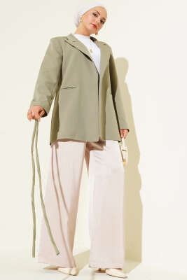 İp Kuşaklı Kruvaze Yaka Ceket Çağla Yeşili - Thumbnail