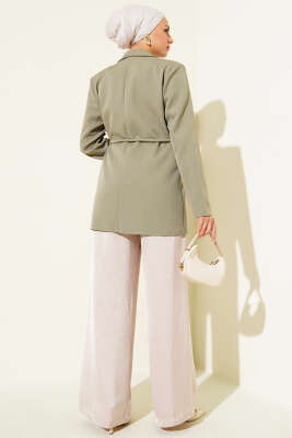 İp Kuşaklı Kruvaze Yaka Ceket Çağla Yeşili - Thumbnail