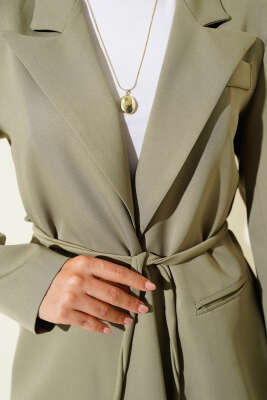 İp Kuşaklı Kruvaze Yaka Ceket Çağla Yeşili - Thumbnail