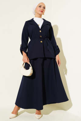 Pazarium - Kruvaze Yaka Gold Düğmeli Dabıl İkili Takım Lacivert