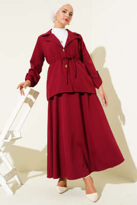 Pazarium - Kruvaze Yaka Gold Düğmeli Dabıl İkili Takım Bordo