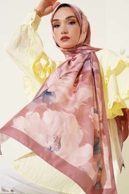 Çiçek Desen Twill Şal Soft Kahve - Thumbnail