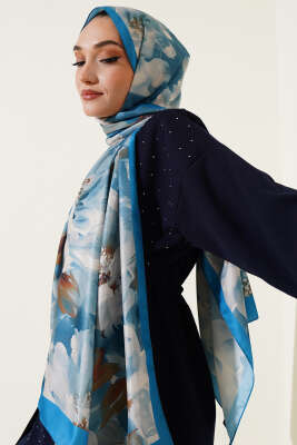Pazarium - Çiçek Desen Twill Şal Mavi