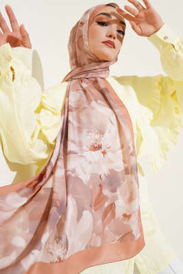 Çiçek Desen Twill Şal Latte - Thumbnail