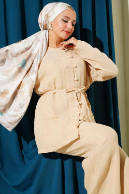 Brit Düğme Kaplamalı İkili Takım Latte - Thumbnail