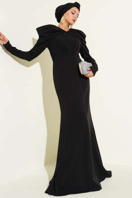 Pazarium - Omuz Büzgülü Dabıl Abiye Elbise Siyah