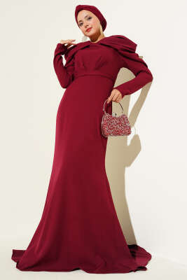 Pazarium - Omuz Büzgülü Dabıl Abiye Elbise Bordo