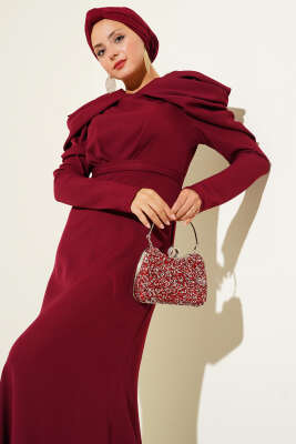 Omuz Büzgülü Dabıl Abiye Elbise Bordo - Thumbnail