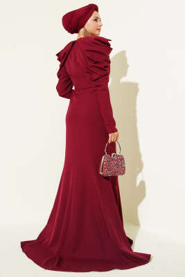 Omuz Büzgülü Dabıl Abiye Elbise Bordo - Thumbnail