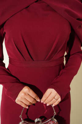 Omuz Büzgülü Dabıl Abiye Elbise Bordo - Thumbnail